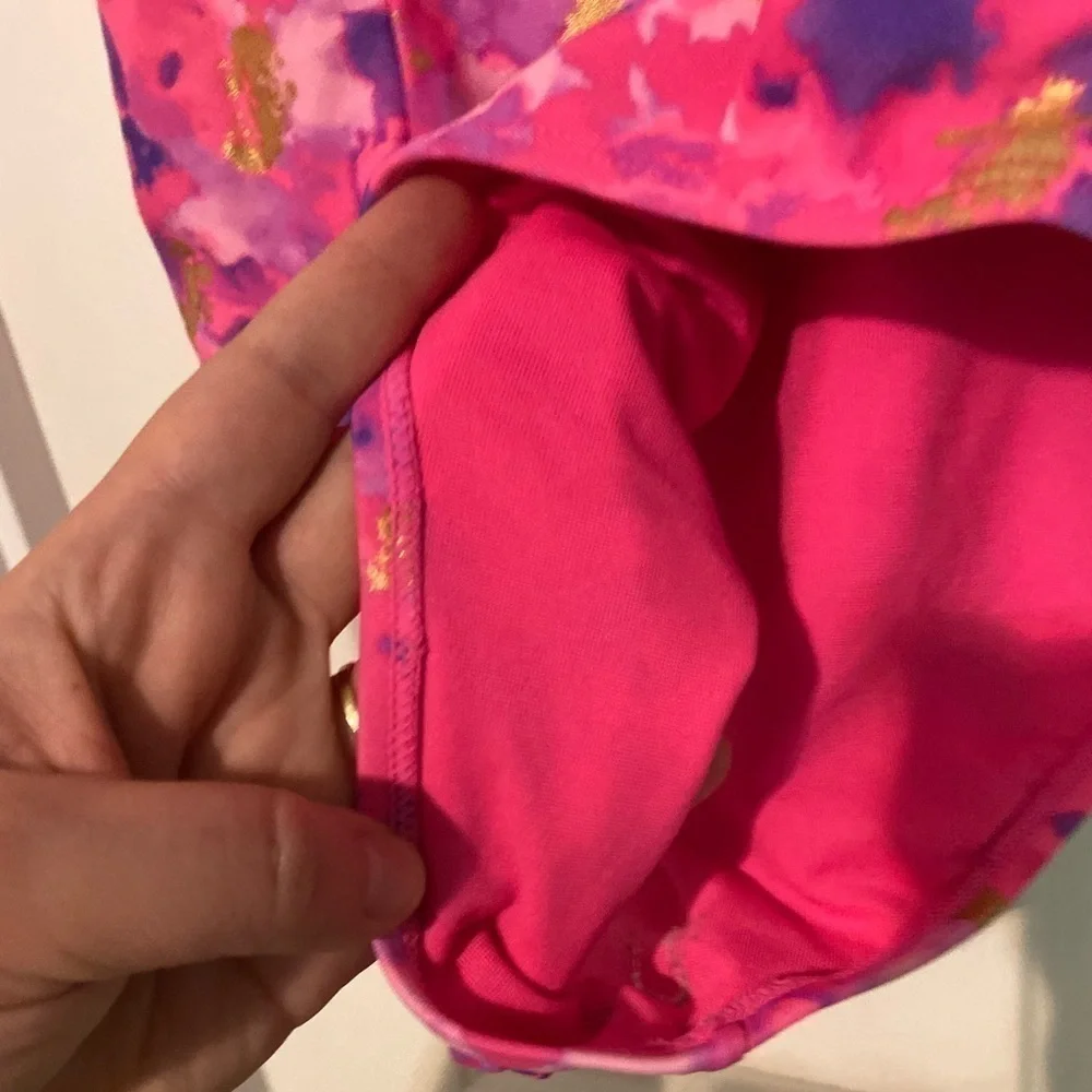 justice Sz 12 Plus Girls One Piece Bathing Suit Pink Purple Gold Swim Wear  GUC